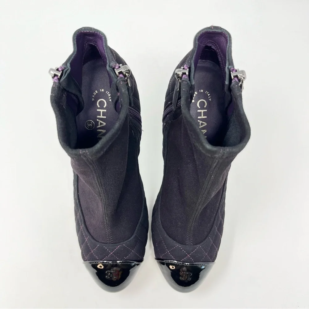 Chanel Quilted Ankle Boots Booties Heels CC Logo Cap Toe Purple Black 40 9 9.5